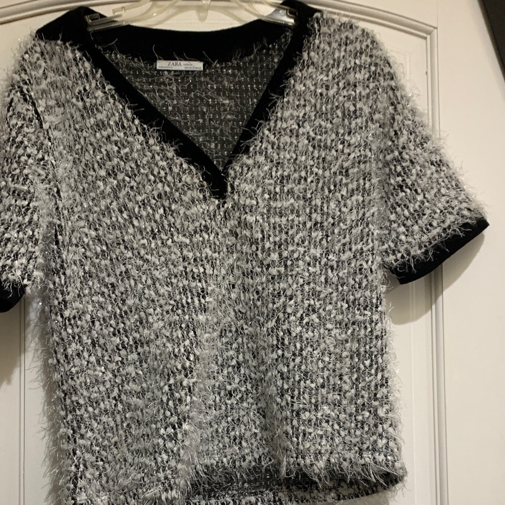 Zara Monochrome Fuzzy Knit Top size S
